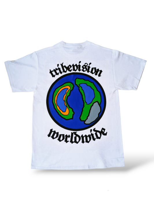 100% COTTON. PRINTED TRIBEVISION LOGO CENTER FRONT. PRINTED TRIBEVISION WORLDWIDE LOGO ON CENTER BACK. WASH IN ALL WHITES.